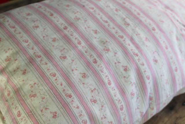 photo of 1950s vintage kapok filled bed pillow, pink & white print floral striped cotton ticking #3