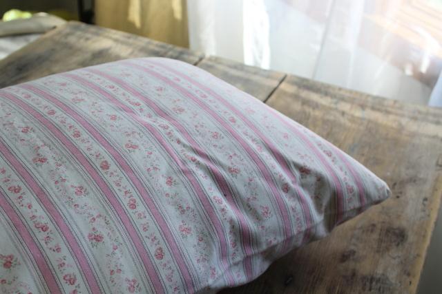 photo of 1950s vintage kapok filled bed pillow, pink & white print floral striped cotton ticking #4