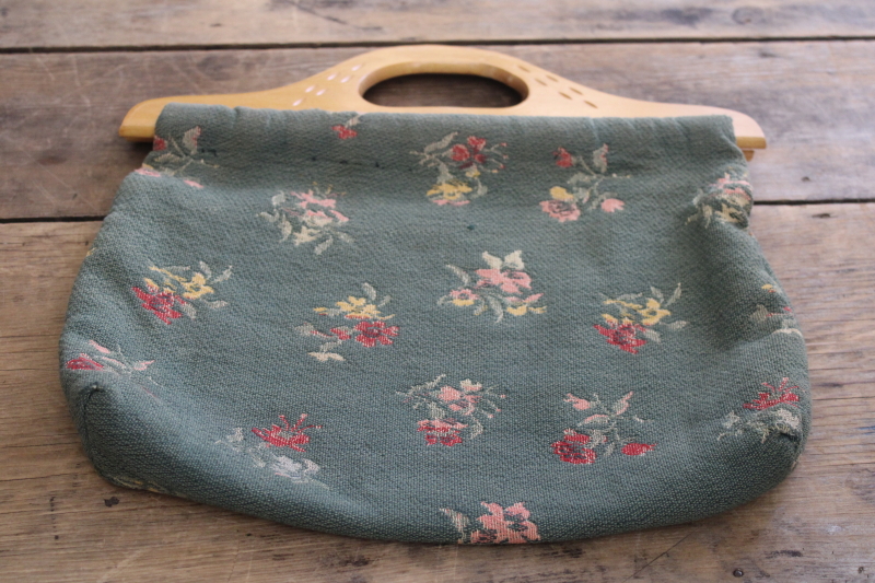 photo of 1950s vintage knitting / needlework bag w/ wood handles, granny chic floral purse #1