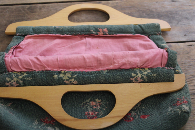 photo of 1950s vintage knitting / needlework bag w/ wood handles, granny chic floral purse #3