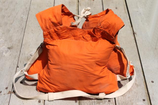 photo of 1950s vintage life preserver buoyant vest, kapok fill orange cotton life jacket #6