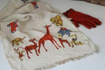 catalog photo of 1950s vintage little girl Sally Gee rayon silk scarf w/ circus animals print, red cotton gloves