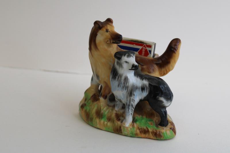 photo of 1950s vintage match box holder, border collie sheepdogs figurine hand painted Japan #1