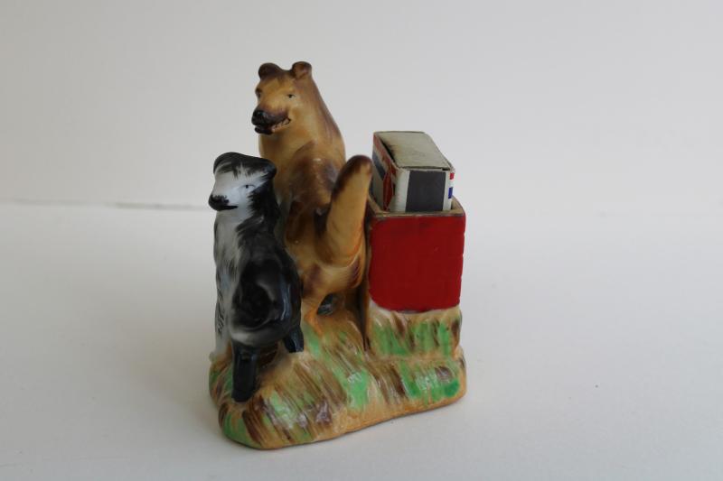 photo of 1950s vintage match box holder, border collie sheepdogs figurine hand painted Japan #2