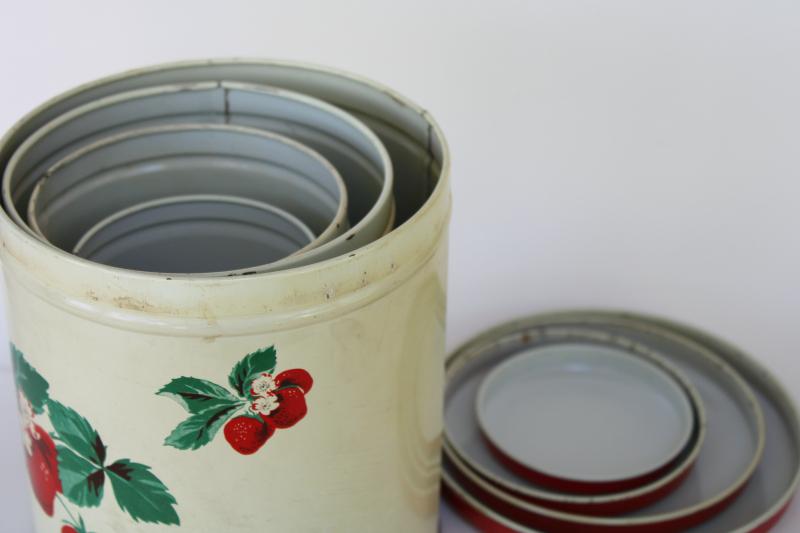 photo of 1950s vintage metal kitchen canisters, nesting tins set w/ strawberry print #3