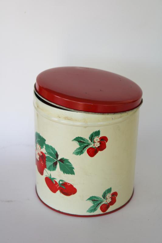 photo of 1950s vintage metal kitchen canisters, nesting tins set w/ strawberry print #4