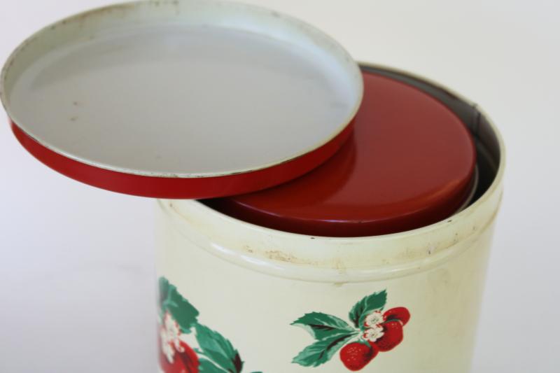 photo of 1950s vintage metal kitchen canisters, nesting tins set w/ strawberry print #5