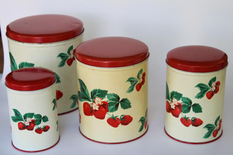 photo of 1950s vintage metal kitchen canisters, nesting tins set w/ strawberry print #6