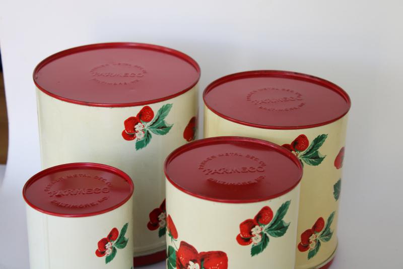 photo of 1950s vintage metal kitchen canisters, nesting tins set w/ strawberry print #7