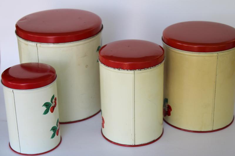 photo of 1950s vintage metal kitchen canisters, nesting tins set w/ strawberry print #9