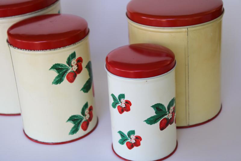 photo of 1950s vintage metal kitchen canisters, nesting tins set w/ strawberry print #10