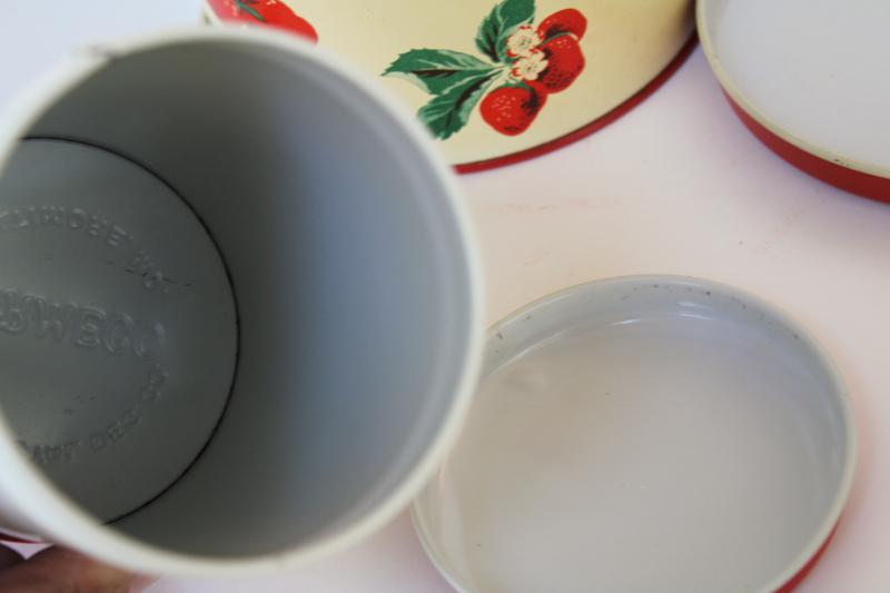 photo of 1950s vintage metal kitchen canisters, nesting tins set w/ strawberry print #12