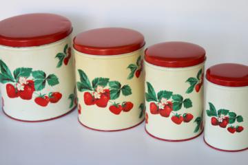 catalog photo of 1950s vintage metal kitchen canisters, nesting tins set w/ strawberry print