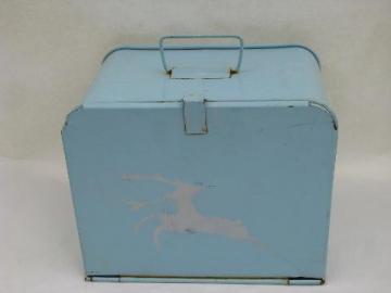 catalog photo of 1950's vintage metal lunchbox w/ trays, picnic sandwich carrier box