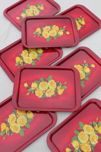 photo of 1950s vintage metal serving trays, red & yellow roses print trays set of 8 #1