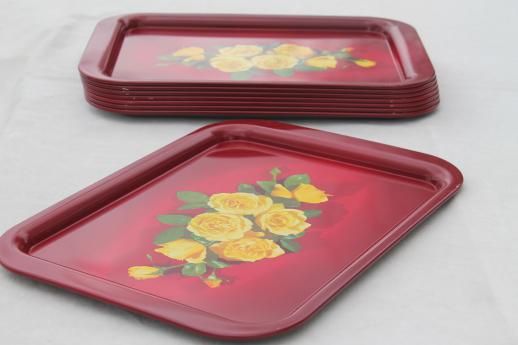 photo of 1950s vintage metal serving trays, red & yellow roses print trays set of 8 #2