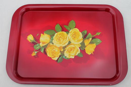 photo of 1950s vintage metal serving trays, red & yellow roses print trays set of 8 #3