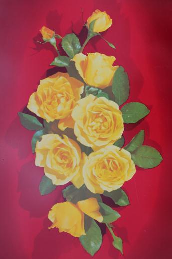 photo of 1950s vintage metal serving trays, red & yellow roses print trays set of 8 #4