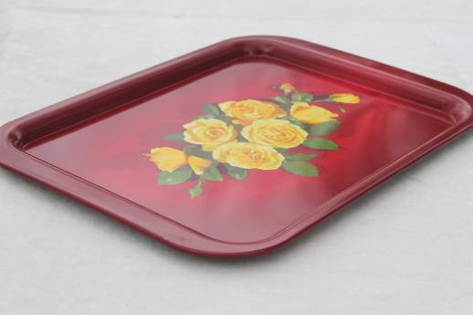 photo of 1950s vintage metal serving trays, red & yellow roses print trays set of 8 #5