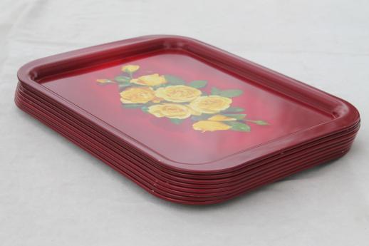 photo of 1950s vintage metal serving trays, red & yellow roses print trays set of 8 #6