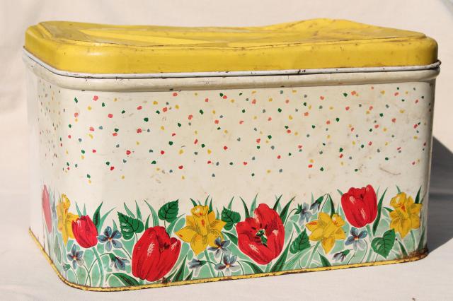 photo of 1950s vintage metal tin breadbox w/ cottage flowers, yellow daffodils & red tulips bread box  #1