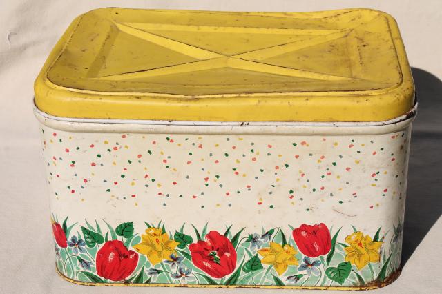 photo of 1950s vintage metal tin breadbox w/ cottage flowers, yellow daffodils & red tulips bread box  #6