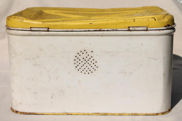 photo of 1950s vintage metal tin breadbox w/ cottage flowers, yellow daffodils & red tulips bread box  #8