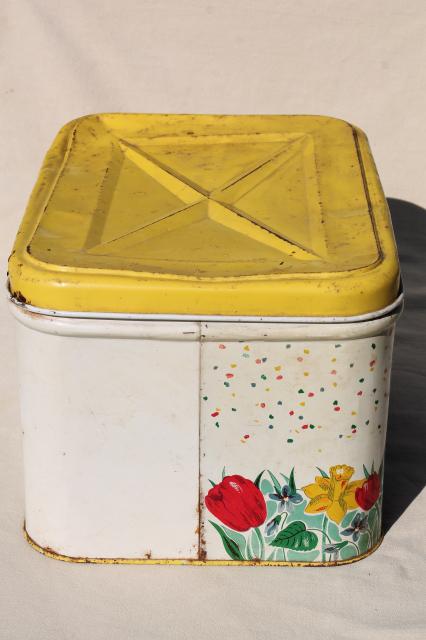 photo of 1950s vintage metal tin breadbox w/ cottage flowers, yellow daffodils & red tulips bread box  #9