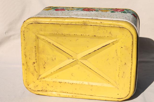 photo of 1950s vintage metal tin breadbox w/ cottage flowers, yellow daffodils & red tulips bread box  #10