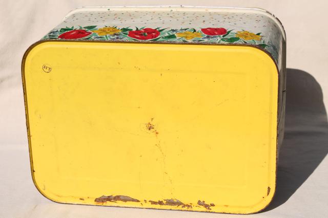 photo of 1950s vintage metal tin breadbox w/ cottage flowers, yellow daffodils & red tulips bread box  #11