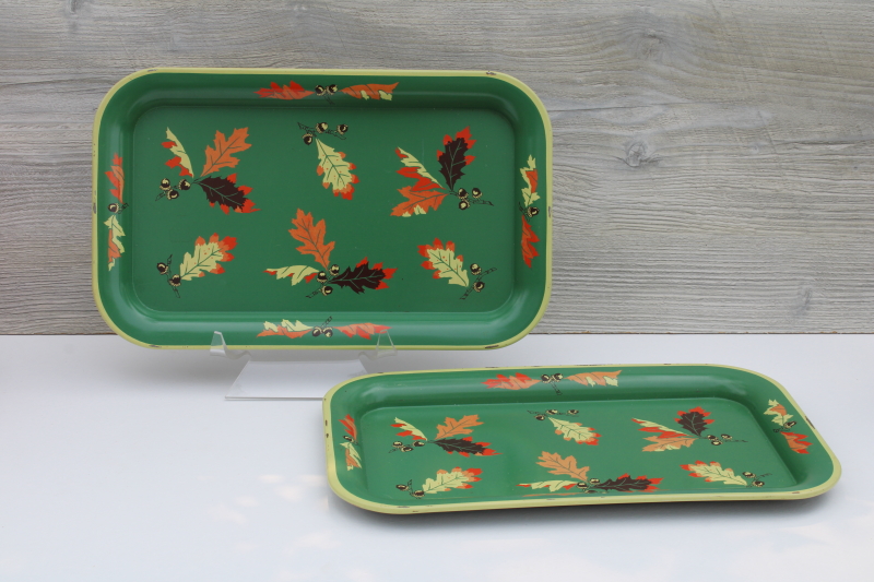 photo of 1950s vintage metal trays w/ autumn leaves print, red orange yellow on green, fall decor #1