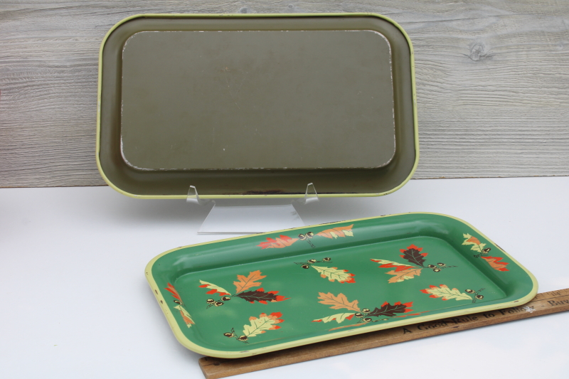 photo of 1950s vintage metal trays w/ autumn leaves print, red orange yellow on green, fall decor #2