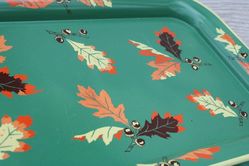 photo of 1950s vintage metal trays w/ autumn leaves print, red orange yellow on green, fall decor #4