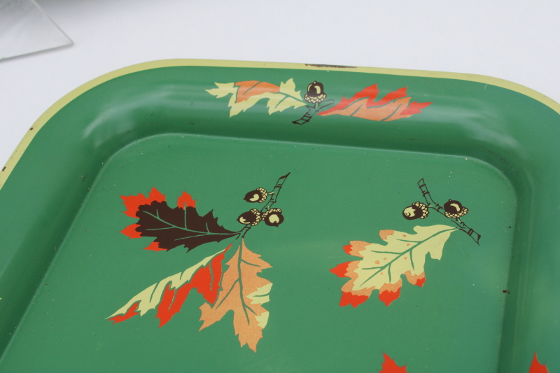 photo of 1950s vintage metal trays w/ autumn leaves print, red orange yellow on green, fall decor #5