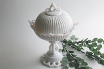 catalog photo of 1950s vintage milk glass candy dish w/ lid, Westmoreland doric lace edge glass 