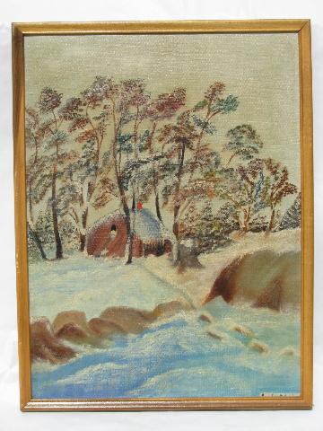 photo of 1950s vintage oil on board primitive folk paintings, rural landscapes #2