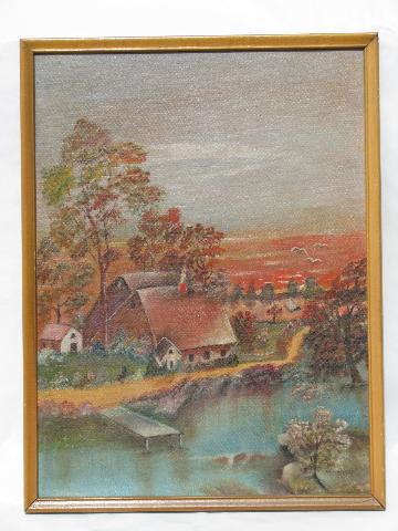 photo of 1950s vintage oil on board primitive folk paintings, rural landscapes #5