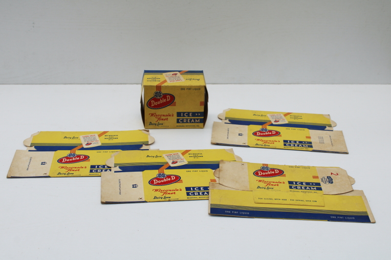 photo of 1950s vintage one pint ice cream boxes, Double D Dairy Lane Wisconsin advertising ephemera food packaging #1