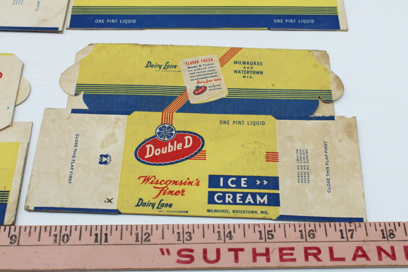 photo of 1950s vintage one pint ice cream boxes, Double D Dairy Lane Wisconsin advertising ephemera food packaging  #3