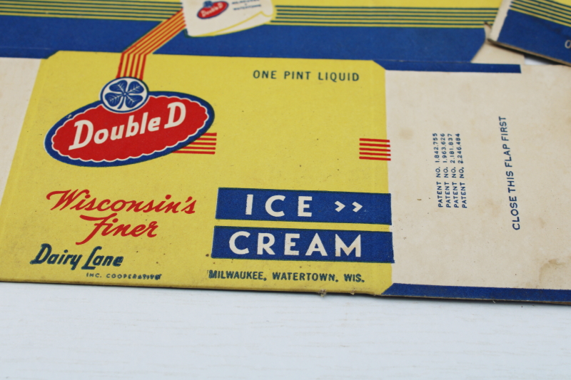 photo of 1950s vintage one pint ice cream boxes, Double D Dairy Lane Wisconsin advertising ephemera food packaging  #4