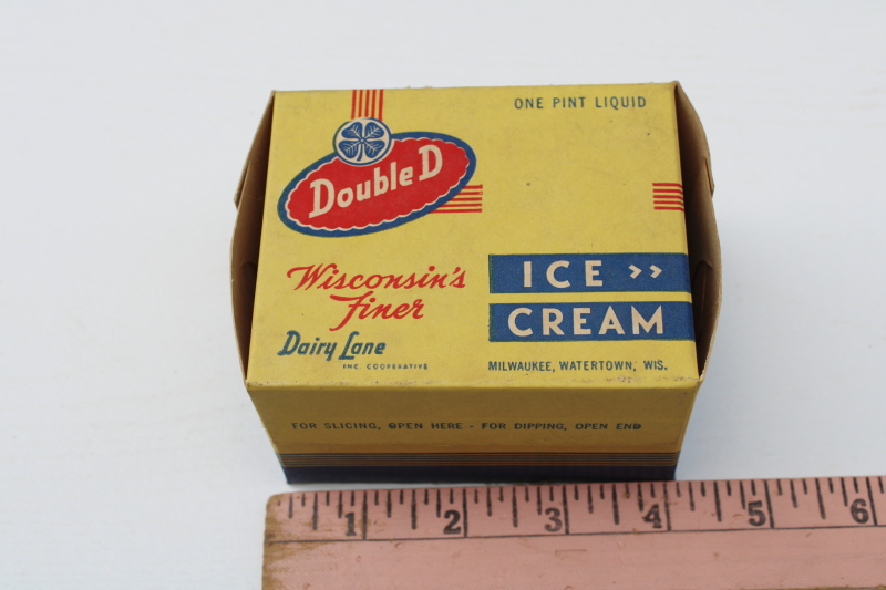 photo of 1950s vintage one pint ice cream boxes, Double D Dairy Lane Wisconsin advertising ephemera food packaging  #5