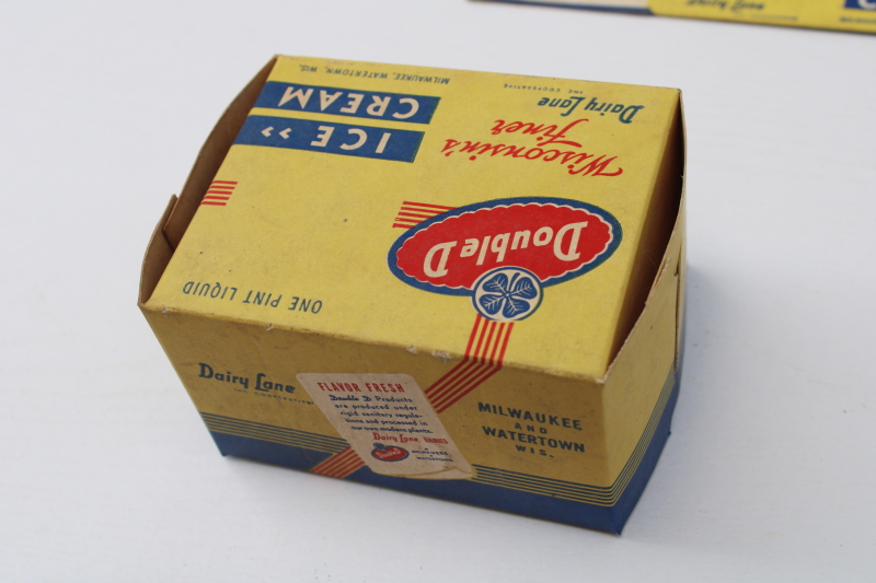 photo of 1950s vintage one pint ice cream boxes, Double D Dairy Lane Wisconsin advertising ephemera food packaging  #6
