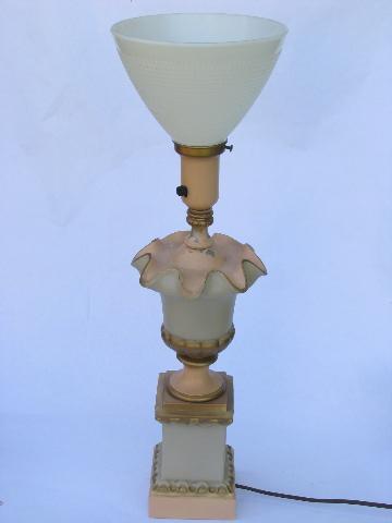 photo of 1950s vintage ornate metal lamp, milk glass reflector torchiere shade #1