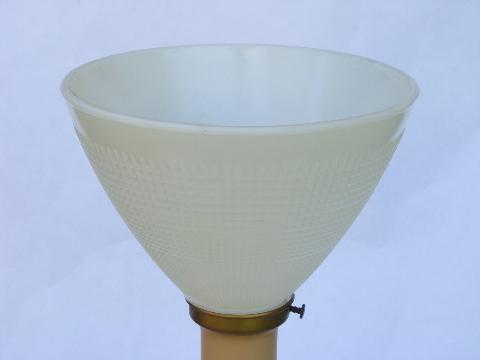 photo of 1950s vintage ornate metal lamp, milk glass reflector torchiere shade #3