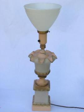 catalog photo of 1950s vintage ornate metal lamp, milk glass reflector torchiere shade