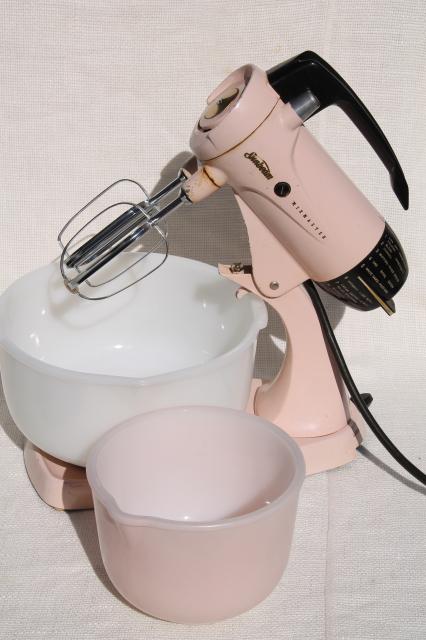 photo of 1950s vintage pink Sunbeam Mixmaster electric mixer, original bowls, works! #1