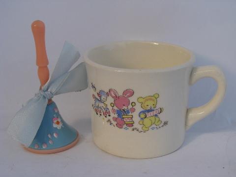 photo of 1950s vintage pink & blue baby gifts, rattle for tiny infant, child's china cup #1