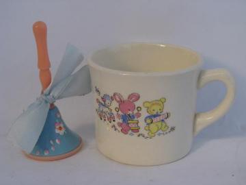 catalog photo of 1950s vintage pink & blue baby gifts, rattle for tiny infant, child's china cup