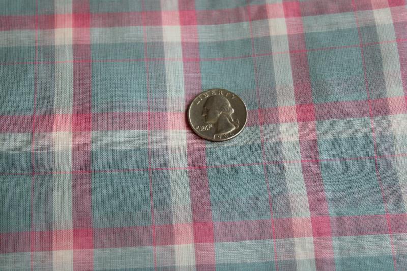 photo of 1950s vintage pink & blue mint green plaid fabric, fine light cotton shirting #1