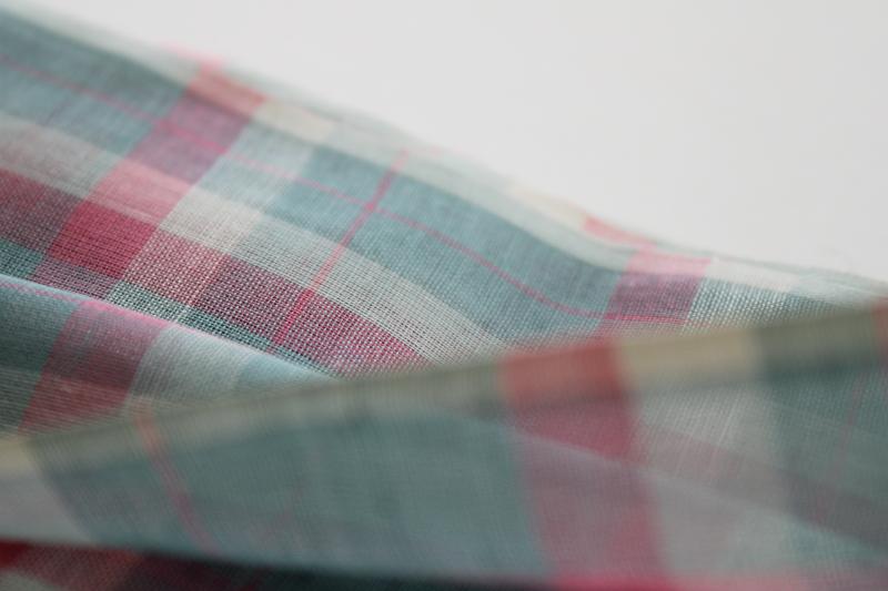 photo of 1950s vintage pink & blue mint green plaid fabric, fine light cotton shirting #2